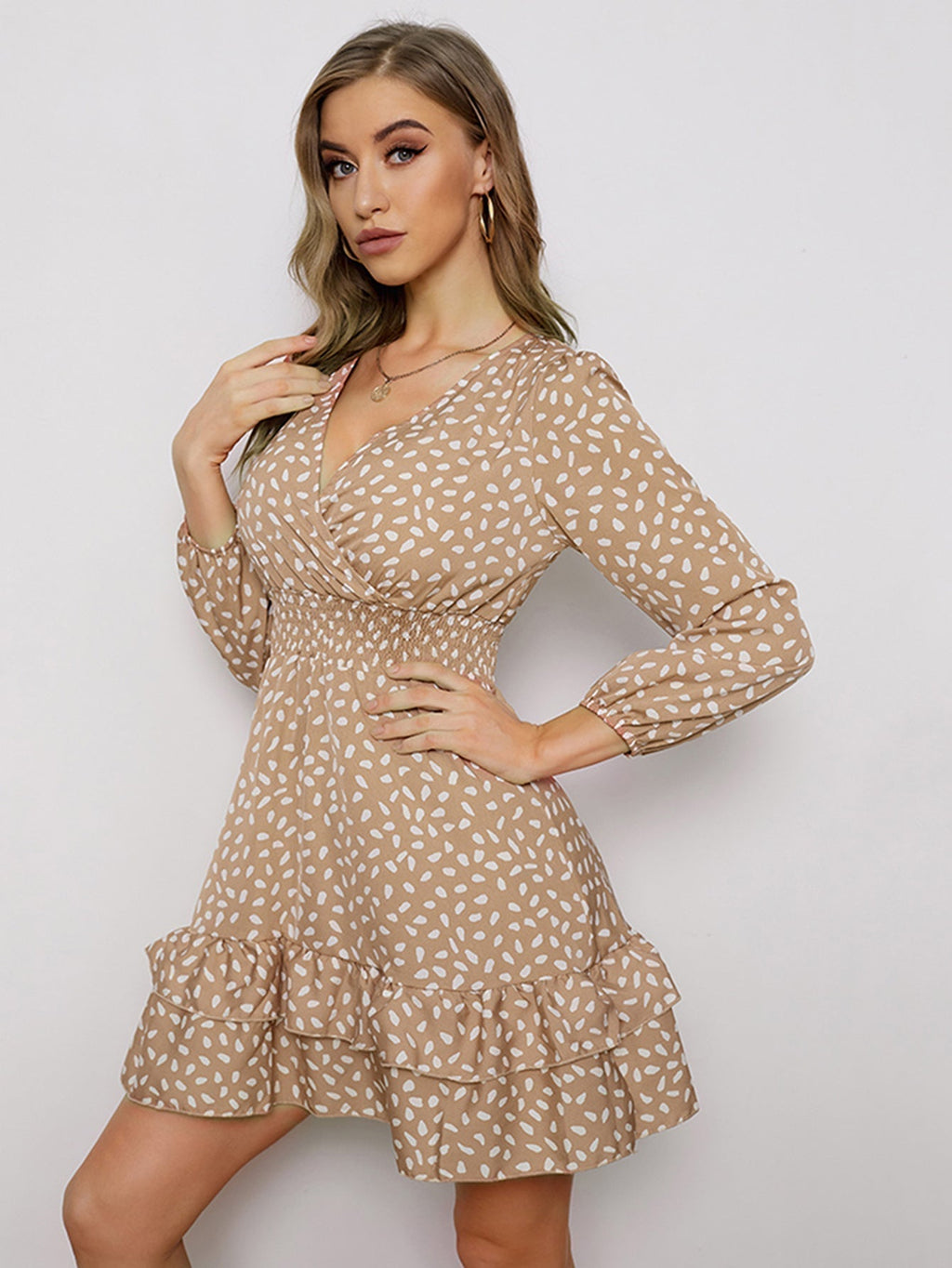 Women's sexy v neck bubble long sleeve small floral dress