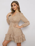 Women's sexy v neck bubble long sleeve small floral dress