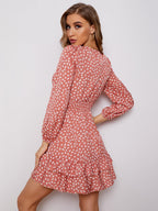 Women's sexy v neck bubble long sleeve small floral dress