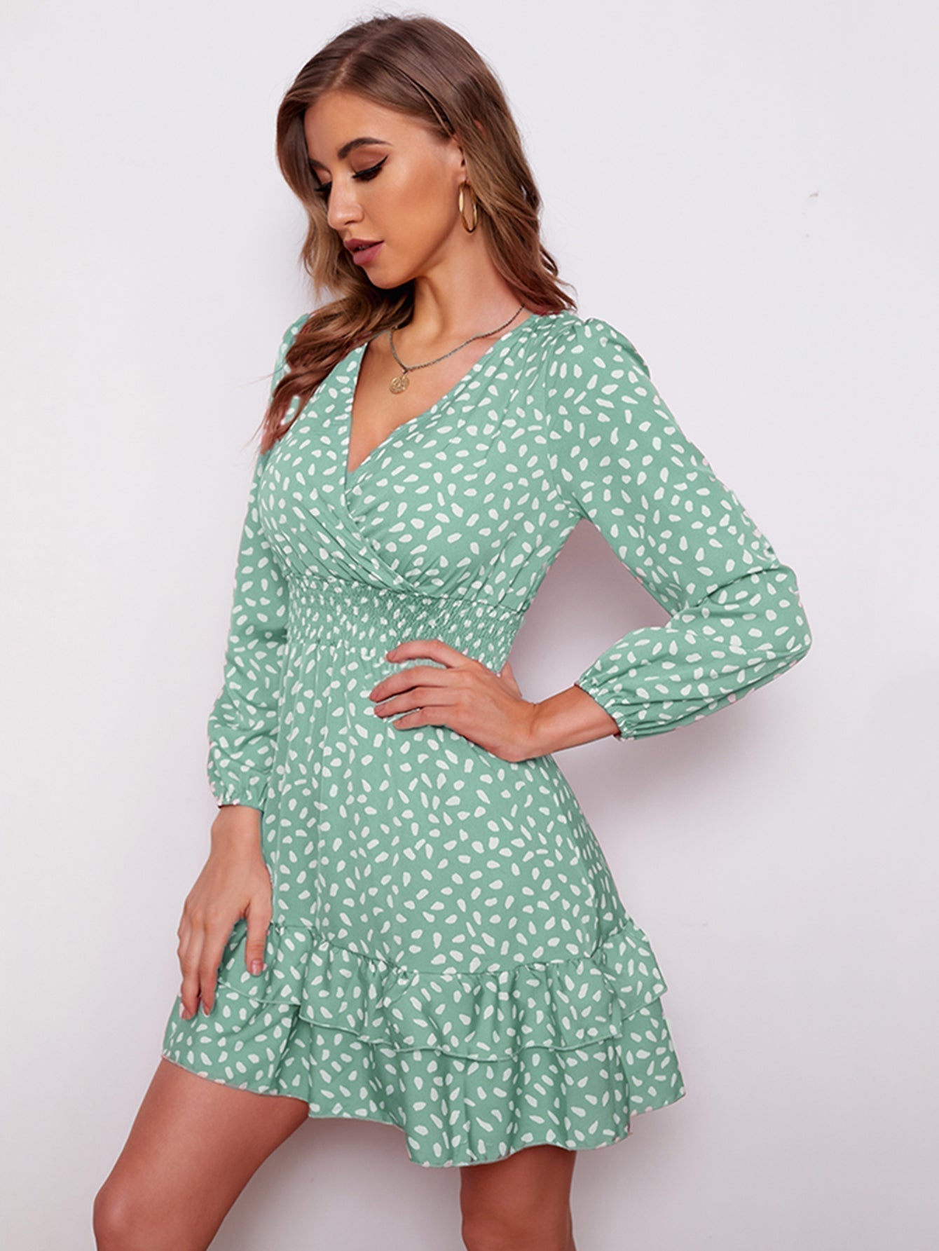 Women's sexy v neck bubble long sleeve small floral dress