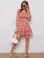 Women's sexy v neck bubble long sleeve small floral dress