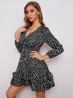 Women's sexy v neck bubble long sleeve small floral dress