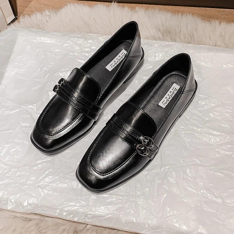 Black Fur Square Toe AllMatch Leather Fall Casual Derby Oxfords Loafers