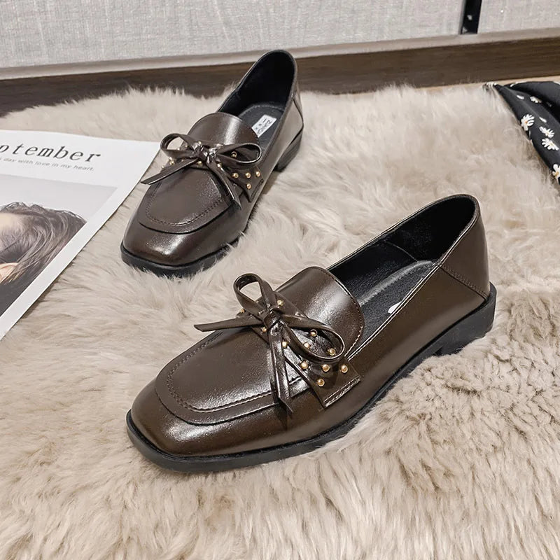 Black Fur Square Toe AllMatch Leather Fall Casual Derby Oxfords Loafers