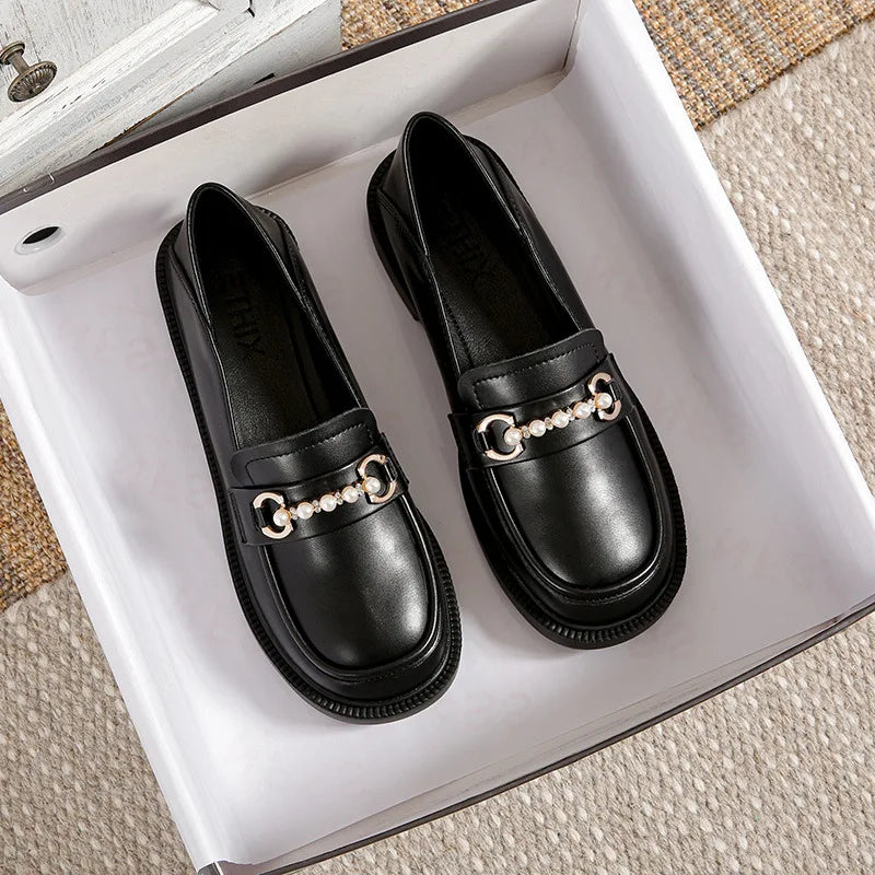 Black Fur Square Toe AllMatch Leather Fall Casual Derby Oxfords Loafers