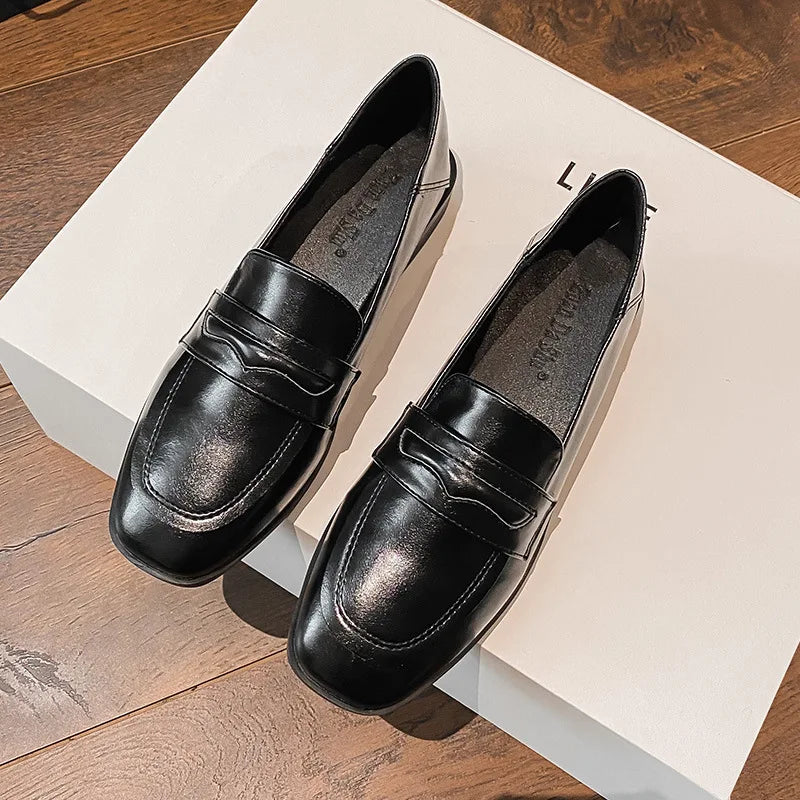 Black Fur Square Toe AllMatch Leather Fall Casual Derby Oxfords Loafers