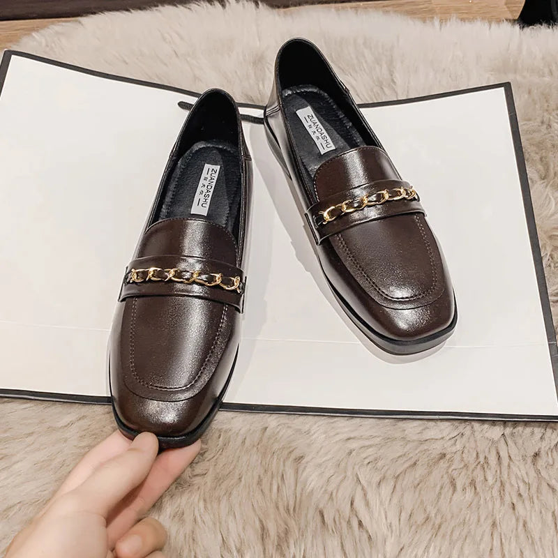 Black Fur Square Toe AllMatch Leather Fall Casual Derby Oxfords Loafers