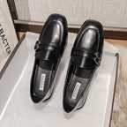 Black Fur Square Toe AllMatch Leather Fall Casual Derby Oxfords Loafers