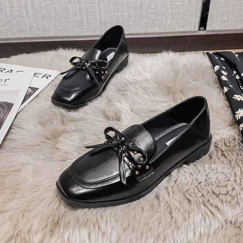 Black Fur Square Toe AllMatch Leather Fall Casual Derby Oxfords Loafers