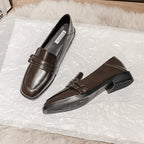 Black Fur Square Toe AllMatch Leather Fall Casual Derby Oxfords Loafers