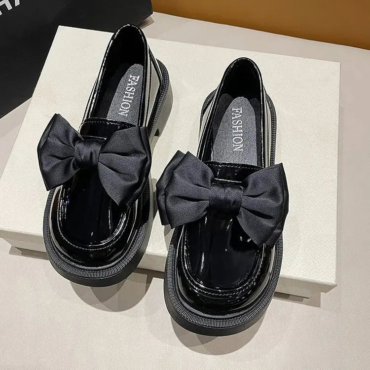 Fur Round Toe Platform Retro Leather Casual BowKnot AllMatch Derby Loafers