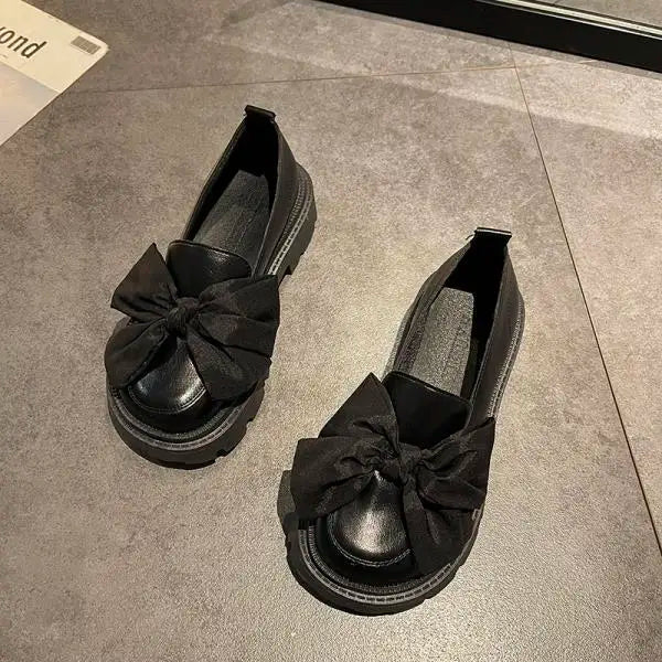 Fur Round Toe Platform Retro Leather Casual BowKnot AllMatch Derby Loafers