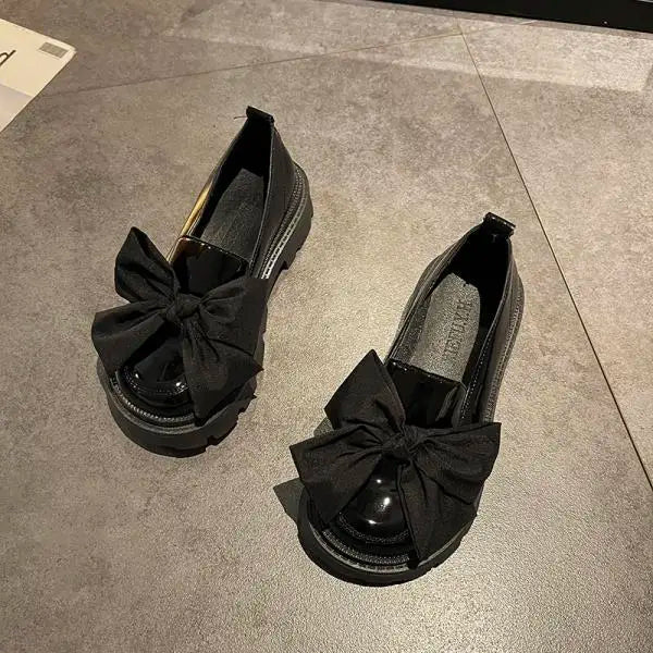Fur Round Toe Platform Retro Leather Casual BowKnot AllMatch Derby Loafers