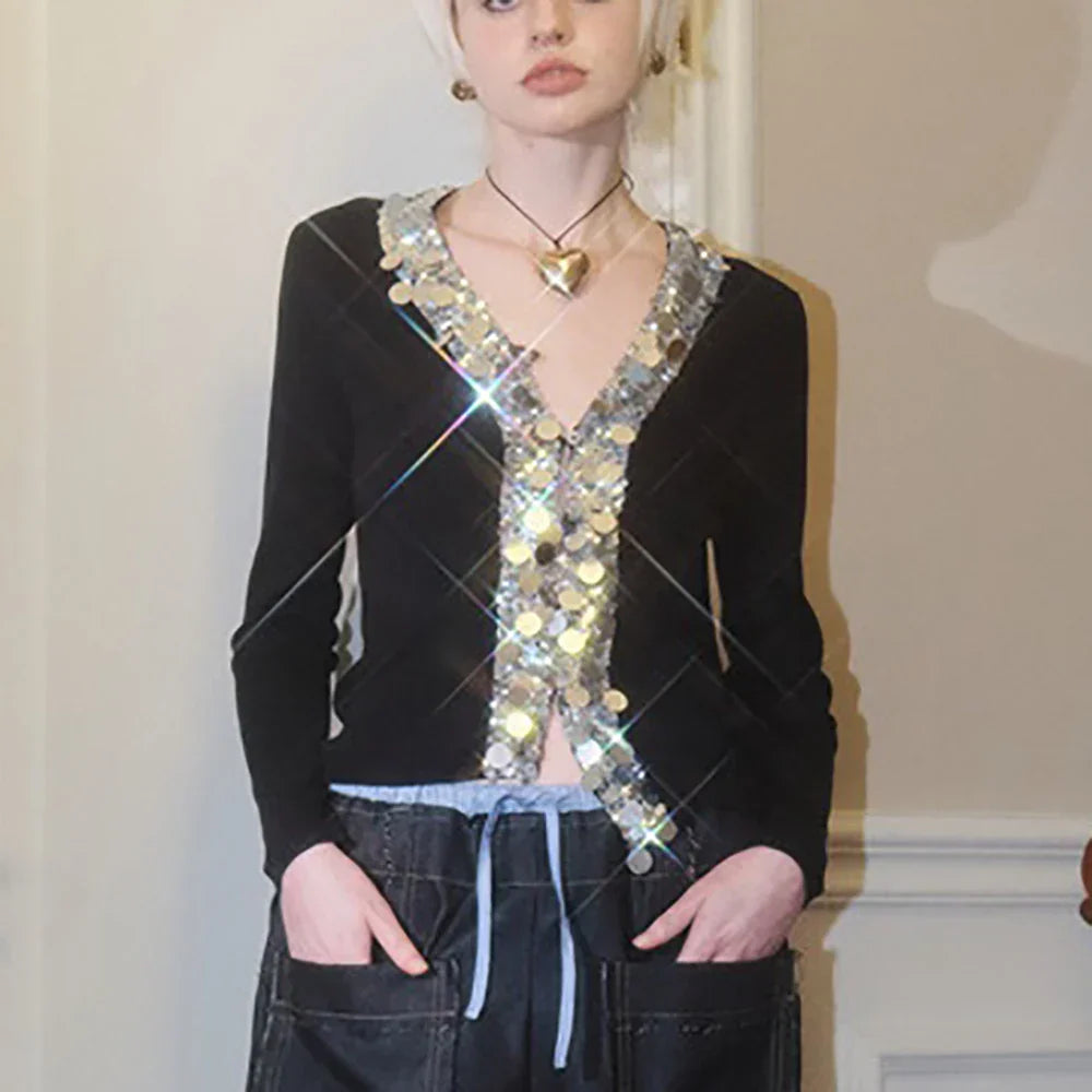 Wool Blend Colorful Sequin V-neck Cardigan