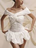 Wrinkled Off Shoulder Mini Dress