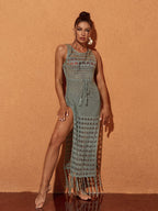 Xanthia Knit Fringe Cover Up Dress In Green
