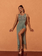 Xanthia Knit Fringe Cover Up Dress In Green