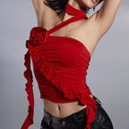 Gothic Backless Aesthetic Flower Ruffles Off Shoulder Crop Top
