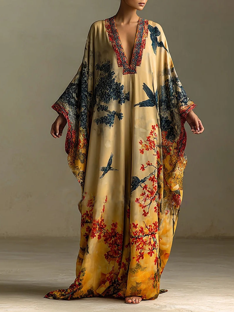 Red Maple Blossom And Bird Art Print Batwing Sleeve Long Robe Dress