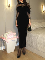 Black Velvet Lace-trimmed Fitted Maxi Dress