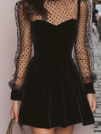 Black Velvet Polka Dot Sheer Sleeve Mini Dress