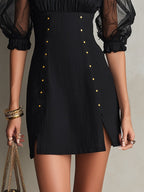 Black Off-Shoulder Puff Sleeve Studded Mini Dress
