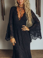 Black Sheer Lace V-neck Flared Long-sleeved Ruffle Maxi Dress