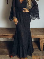 Black Sheer Lace V-neck Flared Long-sleeved Ruffle Maxi Dress