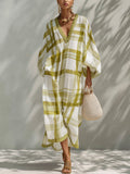 Green Plaid Chiffon Loose-fitting Kaftan Maxi Dress