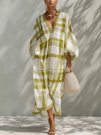 Green Plaid Chiffon Loose-fitting Kaftan Maxi Dress