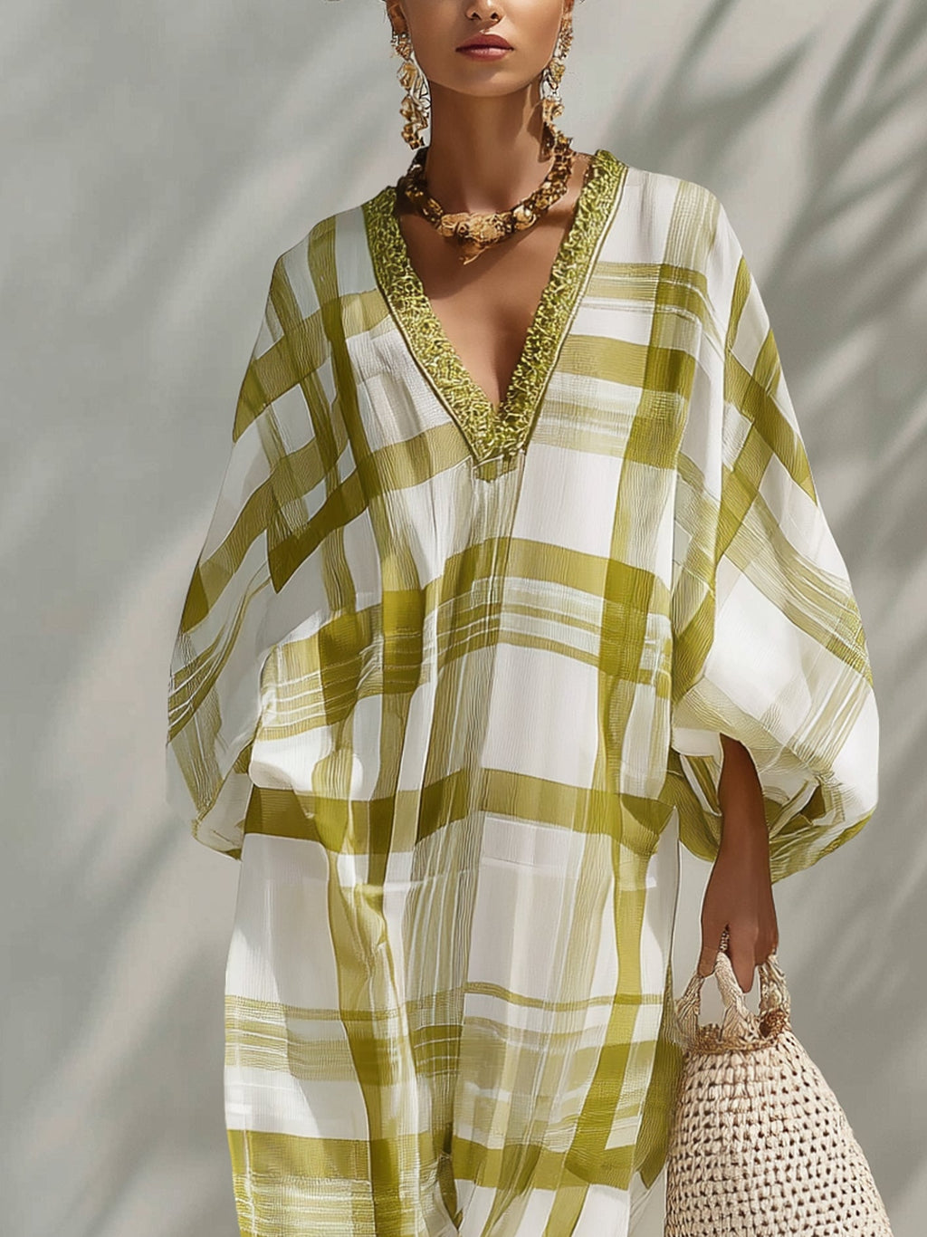 Green Plaid Chiffon Loose-fitting Kaftan Maxi Dress