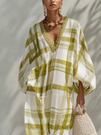 Green Plaid Chiffon Loose-fitting Kaftan Maxi Dress