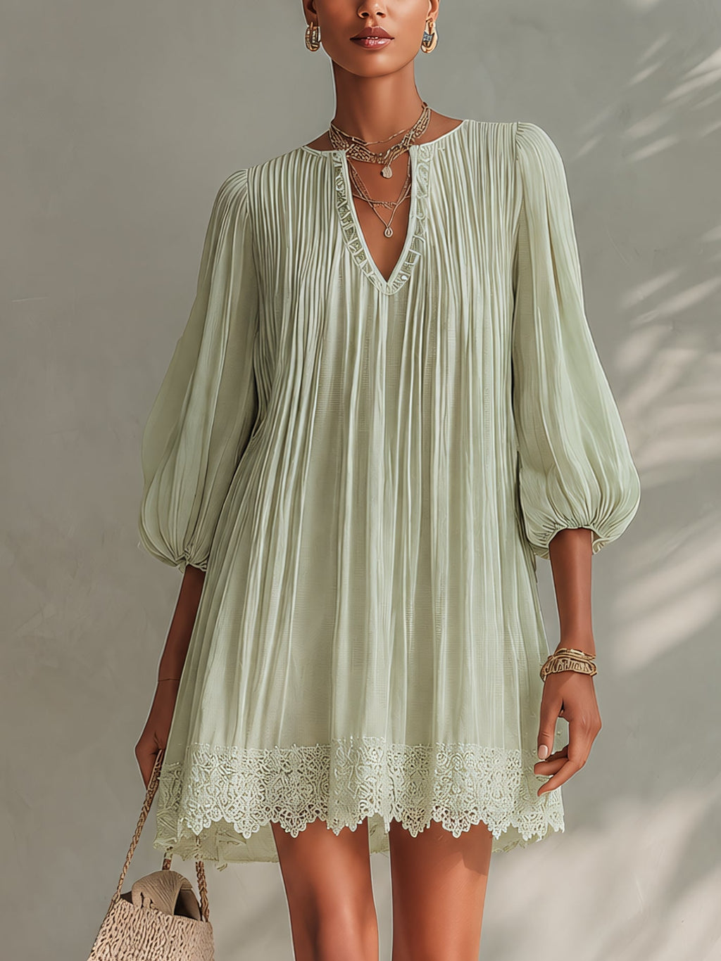 Light Green Ppleated Chiffon Lantern Sleeve Lace Mini Dress