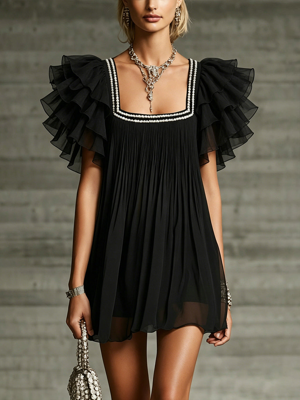 Black Pearl-trimmed Square Neck ruffle Chiffon Mini Dress