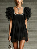 Black Pearl-trimmed Square Neck ruffle Chiffon Mini Dress