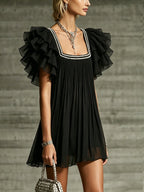 Black Pearl-trimmed Square Neck ruffle Chiffon Mini Dress