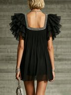 Black Pearl-trimmed Square Neck ruffle Chiffon Mini Dress