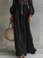 Black Lace Sheer Lantern Sleeve Chiffon Maxi Dress
