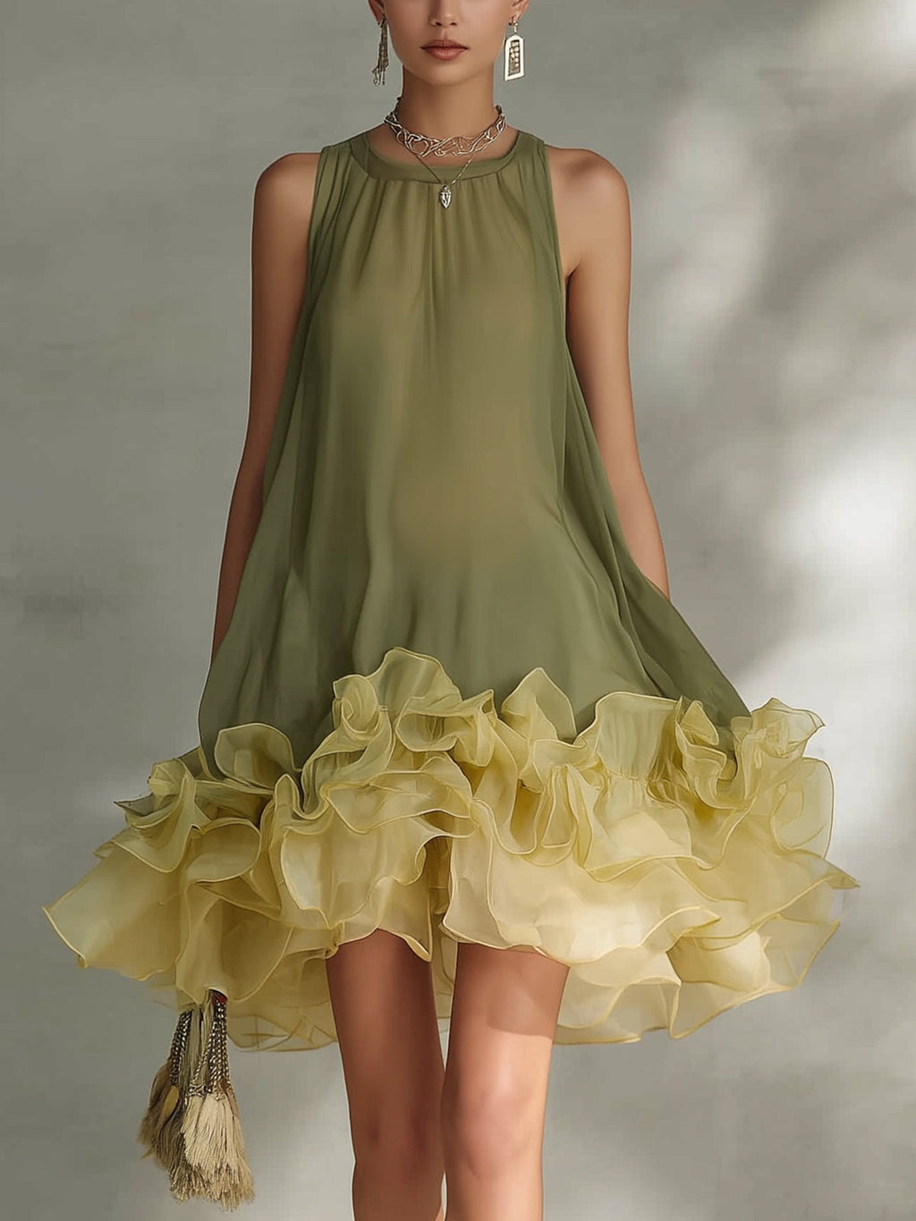 Olive Green Layered Ruffled Chiffon Mini Dress