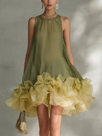 Olive Green Layered Ruffled Chiffon Mini Dress