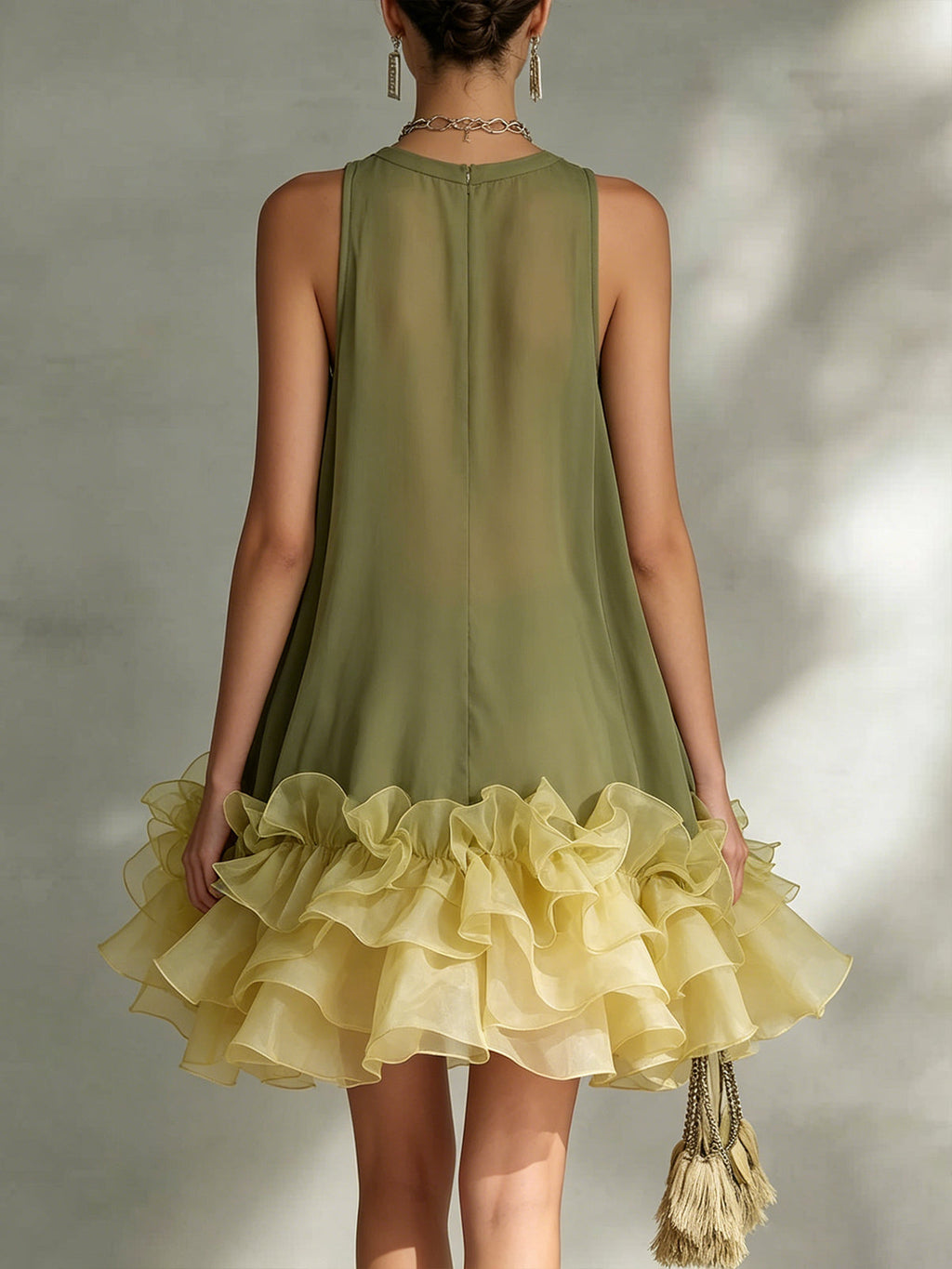 Olive Green Layered Ruffled Chiffon Mini Dress