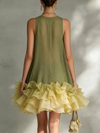Olive Green Layered Ruffled Chiffon Mini Dress