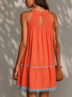 Orange Patchwork Lace Trim Sleeveless Pleated Mini Dress