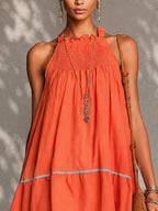 Orange Patchwork Lace Trim Sleeveless Pleated Mini Dress