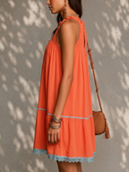 Orange Patchwork Lace Trim Sleeveless Pleated Mini Dress