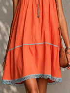 Orange Patchwork Lace Trim Sleeveless Pleated Mini Dress