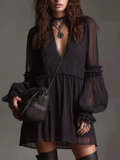 Black Chiffon Lantern Sleeve Ruffled Lace Mini Dress