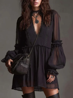 Black Chiffon Lantern Sleeve Ruffled Lace Mini Dress