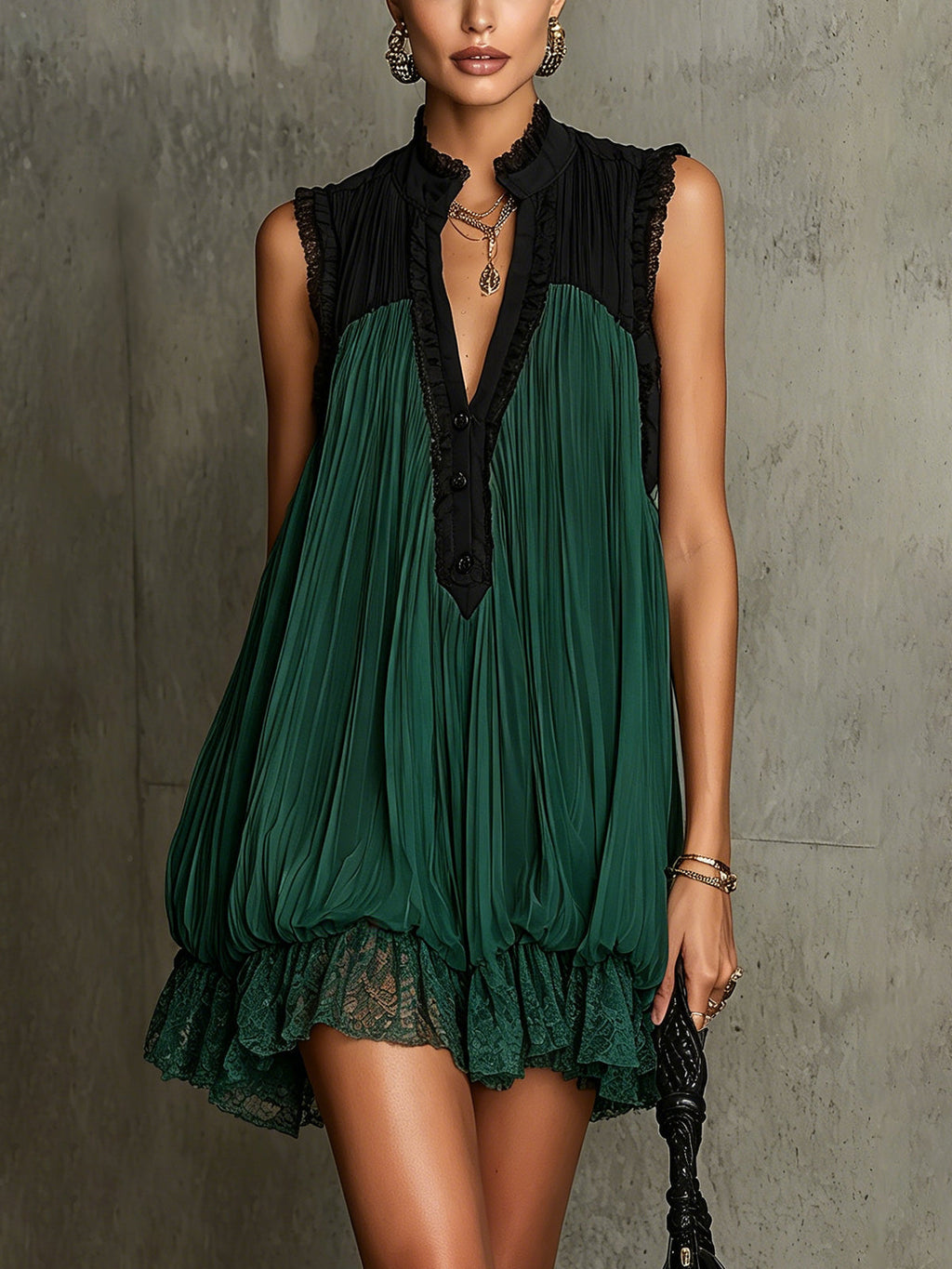 Green Pleated Chiffon Lace-trimmed Color-blocked Mini Dress