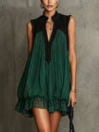 Green Pleated Chiffon Lace-trimmed Color-blocked Mini Dress